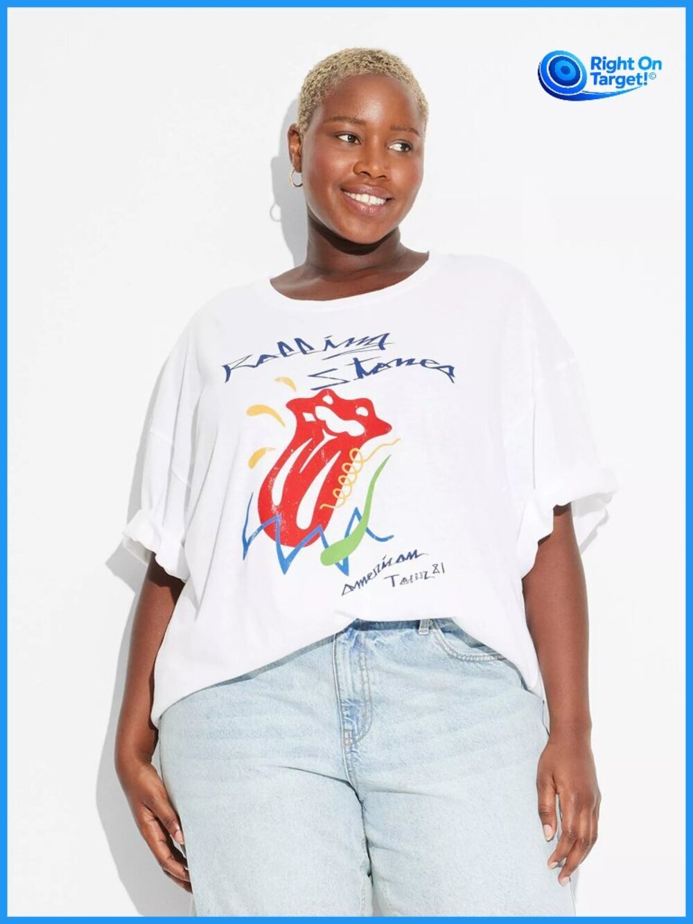 2X Womens Rolling Stones Retro Oversized Short Sleeve T-Shirt - White